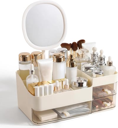 Make-up Organizer met Oplaadbare Spiegel en 3 Lades, Perfect voor Huidverzorging en Cosmetica, Make-up Kwasten Houder voor Vanity en Badkamer