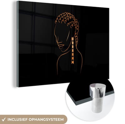 MuchoWow® Glasschilderij 60x40 cm - Schilderij acrylglas - Vrouw - Oorbellen - Line art - Goud - Foto op glas - Schilderijen