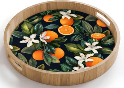 Dienblad rond 40x40 cm - Schootdienblad hout - Sinaasappels - Bloesems - Bladeren - Tropisch - Borrelplank rechthoek - Plateau houten dienbladen