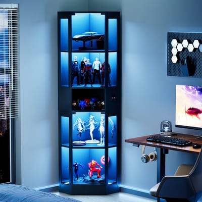 Pugsdrly - Vitrinekast - 5 planken - LEDverlichting - Glazen deuren - Slimme sensoren - Zwart