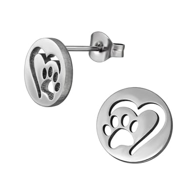 Zilver kleurige stainless steel hartje met pootje dames oorbellen | chirurgisch staal | hypoallergeen | Zilverana | RVS