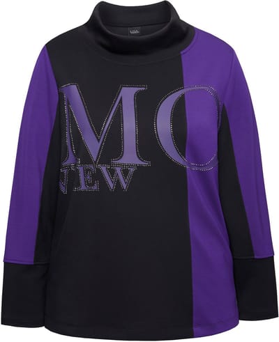 Ulla Popken - Dames - sweater decoratieve stenen letters opstaande kraag - Zwart - Maat 46+