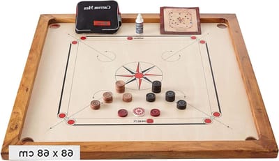 Carrom - Compact 4 kg. - Top kwaliteit - Compleet spel - Gemaakt in India - Bordmaat 68x68 cm - Hardhout - binnenspel - familiespel - boordspel Kika hardhouten bord met pallisander details