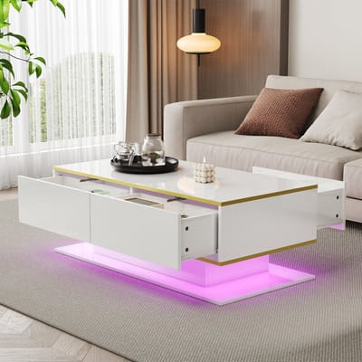DESMIU Salontafel - Hoogglans Met Ledverlichting En 3 Laden - Voor Woonkamer Met Extra Opbergruimte - Spaanplaat Wit Goud - 100x50x40 Cm