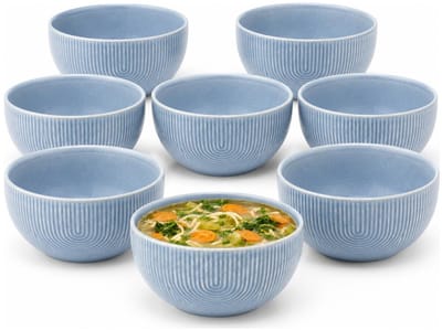 Secret de Gourmet Soepkommen Memphis - 8x - D14 cm - 600 ml - blauw - keramiek - schaaltjes - kommetjes - stapelbaar