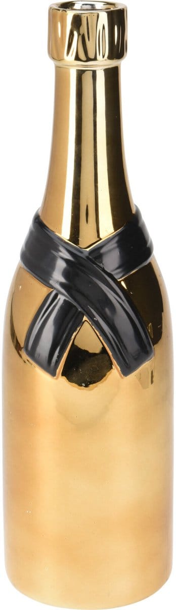 HS Collection Bruiloft Champagne fles cadeau vaas - keramiek - goud - 11 x 39 cm - Huwelijk kado