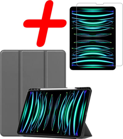 Hoesje Geschikt voor Apple iPad Pro (2022) - 11 inch - 4e generatie - Met Screenprotector - Trifold Bookcase - Hard Cover Case - Met Uitsparing Geschikt voor Apple Pencil - Hardcover Book - Tablet Hoes - Grijs
