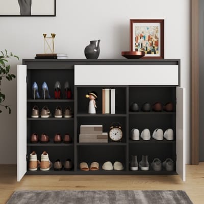 Moderne Zwart-Witte Schoenkast met 2 Deuren en 1 Lade – Verstelbare Schoenplanken – Opbergruimte voor 12–17 Paar Schoenen – Perfect voor Hal & Entree