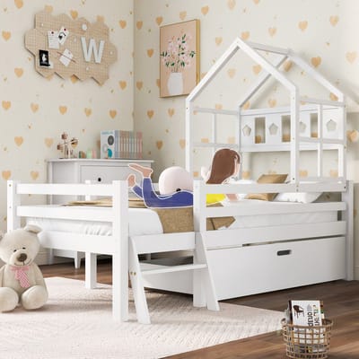 HAUSS SPOLE Kinderhoogslaper 90x200 cm - Met Ladder en Lade - Met Uitvalbeveiliging en Opbergruimte - Zonder Matras - Wit