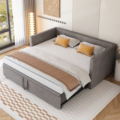 MODFU Ledikant 90x200 cm – Uitschuifbaar tot 180x200 cm – Fluweel grijs – Met lattenbodem