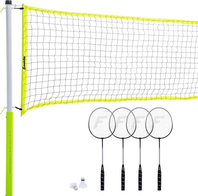 Franklin Sports Badmintonsets - draagbare badmintonnetten + rackets - achtertuin gazon + strand badmintonsets met (4) stalen rackets + (2) vogeltjes inbegrepen - sets voor volwassenen en kinderen