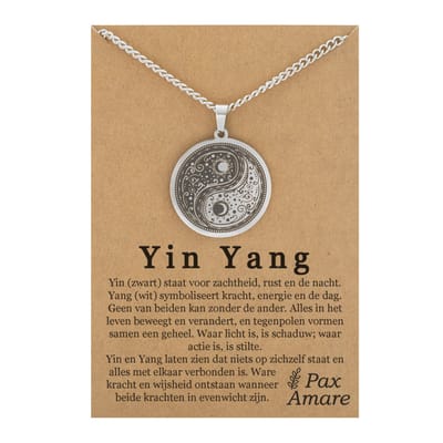 Yin Yang Ketting op Cadeau Kaartje - Zilverkleurig - Spirituele Talisman / Medalion - Stainless Steel - Talisman / Hanger - 60cm