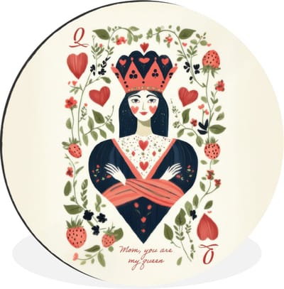 WallCircle - Wandcirkel - Muurcirkel - Speelkaart - Hartenkoningin - Bloemen - Hartjes - Aluminium - Dibond - 30x30 cm - Binnen en Buiten