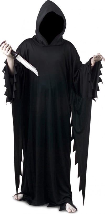 KIMU® Kostuum Magere Hein Pak Geest Zwart - Maat XS S M 158 164 170 176 - Spook Lange Cape Capuchon Scream Heren Jongen Ghostface Grim Reaper Festival