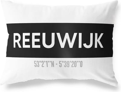 Tuinkussen REEUWIJK - ZUID-HOLLAND met coördinaten - Buitenkussen - Bootkussen - Weerbestendig - Jouw Plaats - Studio216 - Modern - Zwart-Wit - 50x30cm