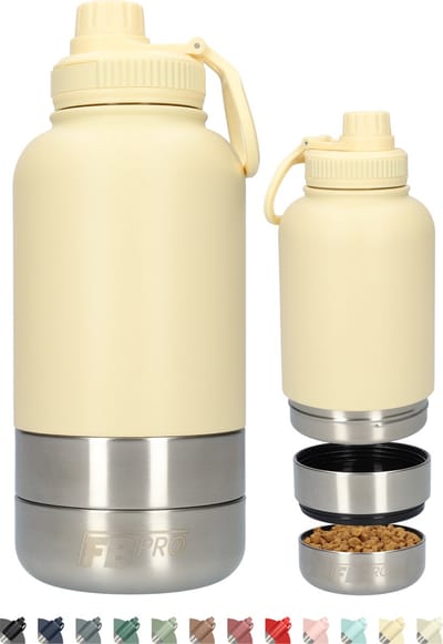 Honden drinkfles met voerbakken - Waterfles hond - Dubbelwandig - Thermosfles - Hondendrinkbak - Multifunctioneel - Hondenvoerbak - RVS Fles - Lekbestendige dop - BPA vrij - 1 Liter - Met handvat - Perfect voor onderweg - Beige