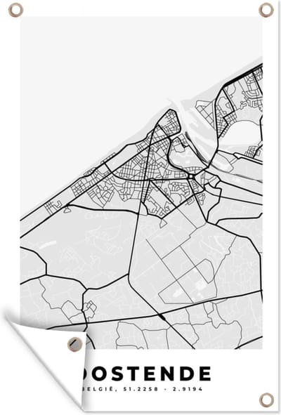Muurdecoratie België – Oostende – Stadskaart – Kaart – Zwart Wit – Plattegrond - 120x180 cm - Tuinposter - Tuindoek