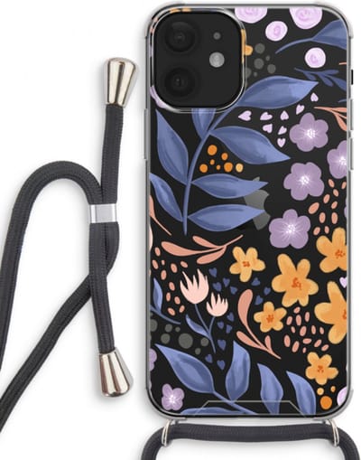 Case Company® - Hoesje met koord geschikt voor iPhone 12 mini hoesje met Koord - Flowers with blue leaves - Telefoonhoesje met Zwart Koord - Bescherming aan alle Kanten en Over de Schermrand