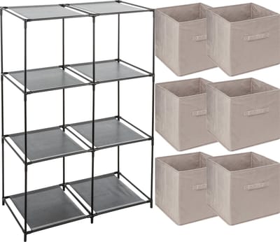 5Five Kastmandjes/opberg manden - beige - 6x stuks van 29L - Metalen rekje is 68 x 98 cm
