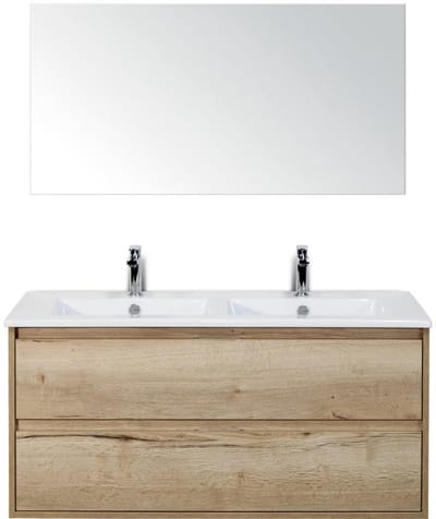 Porto Badmeubelset 120 cm - 2 Laden Natuur Eiken - Keramische Wastafel Wit Slim met Spiegel