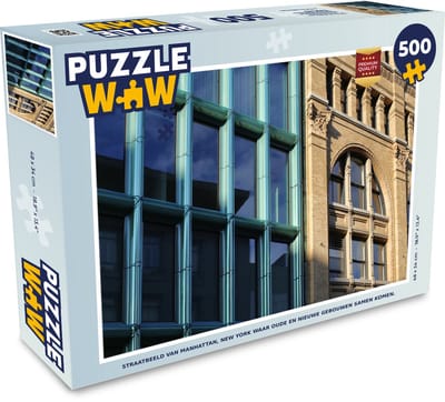 Puzzel Straatbeeld van Manhattan, New York waar oude en nieuwe gebouwen samen komen. - Legpuzzel - Puzzel 500 stukjes