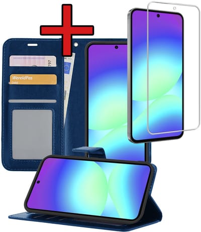 Hoesje - Met Screenprotector - Geschikt voor Samsung Galaxy A56 - Luxe Pasjeshouder - Flipcase - Bookcase Portemonee - Flip Case - Kunstleer Book Case - Book Cover - Walletcase - Portemonneehoes - Telefoonhoes - Donkerblauw