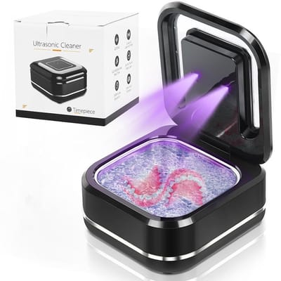 Ultrasone reiniger 42 kHz voor tandprothesen - beugels, retainers, borstelkoppen, sieraden, draagbare zwarte doos met timer en automatische stop (zwart)