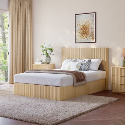 HAUSS SPOLE Opbergbed 140x200 cm - Bed Met Hydraulisch Opbergsysteem Zonder Matras - Ribbeldesign En Grote Opbergruimte - MDF - Eiken