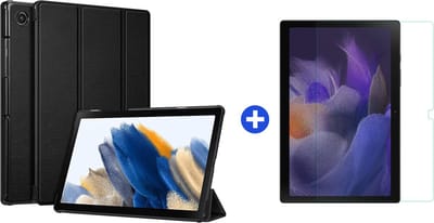 Arara Hoes Geschikt voor Samsung Galaxy Tab A8 (2021/2022) Tri-Fold tablethoes + tempered glass screenprotector - Zwart