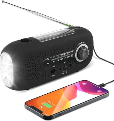Zonneweer-radio met noodhandmatige opwekking en krachtige LED zaklamp - 2000 mAh noodstroombank voor smartphone