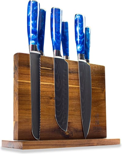 Shinrai Knives Messenset met Blok 6 delig - Koksmes - Messen met Messenblok - Epoxy Sapphire Damascus Print - Magnetisch Messenblok Dubbelzijdig - Met Luxe Geschenkdoos - Messenhouder - Keukenmes - Koksmes
