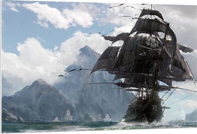 Forex - Geschilderd Schip met Bergen - 120x80cm Foto op Forex