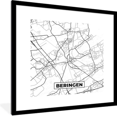Fotolijst incl. Poster Zwart Wit- Zwart Wit – België – Plattegrond – Stadskaart – Kaart – Beringen - 40x40 cm - Posterlijst