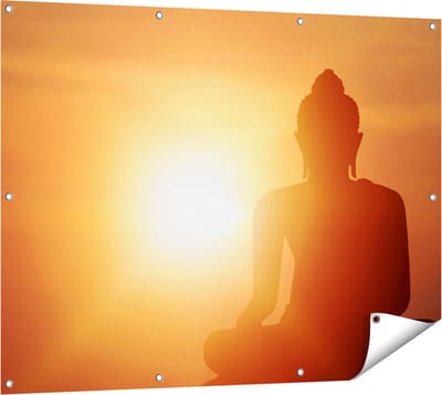 Gards Tuinposter Silhouet van een Boeddha Beeld met Zonsondergang - 120x90 cm - Tuindoek - Tuindecoratie - Wanddecoratie buiten - Tuinschilderij