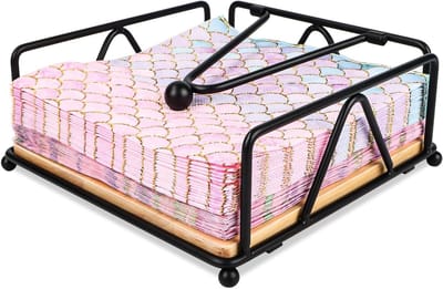 Moderne metalen servethouders met houten basis, stevig en stijlvol, 17.8 x 17.8 x 6.8 cm, ideaal voor keuken, restaurant en picknick