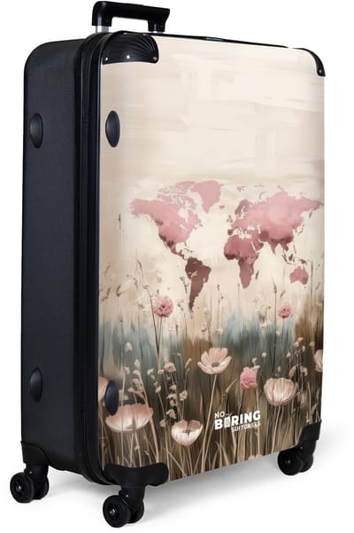 NoBoringSuitcases.com® - Koffer groot - Reiskoffer lichtgewicht - Wereldkaart - Roze - Bloemen - Rolkoffer met 4 wielen - Grote trolley XL - 98 liter bagage