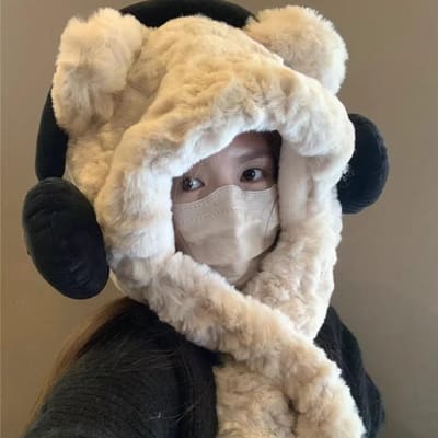 Schattige Koptelefoon Berenmuts voor Dames in Herfst en Winter Verdikte Koude en Warme Pluche Gezichtsbeschermende Muts en Sjaal one size black