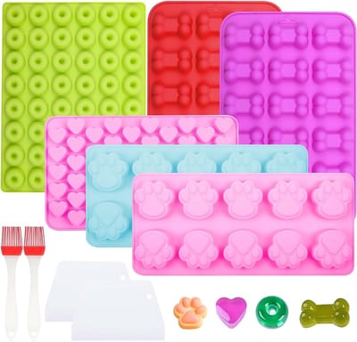 Zes siliconen bakmatten voor hondenkoekjes, niet-klevende bakvormen met spatel en bakkwast voor zelfgemaakte hondensnacks, chocoladekoekjes en snoepjes