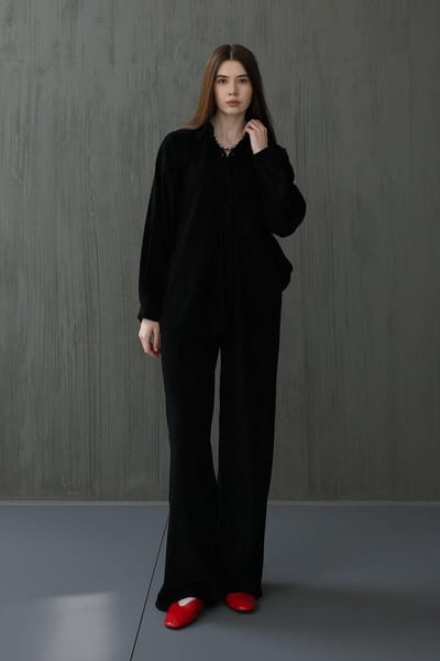 Dames Katoen Velvet Set Reyyan / Broek & Blouse / Zwart / maat M
