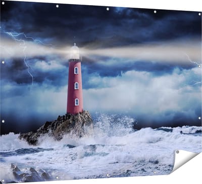 Gards Tuinposter Vuurtoren op een Storm Zee met Golfen Water - 160x120 cm - Tuindoek - Tuindecoratie - Wanddecoratie buiten - Tuinschilderij