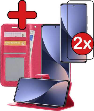 Hoesje - Met 2x Screenprotector - Geschikt voor Xiaomi 12 - Luxe Pasjeshouder - Flip Case - Bookcase Portemonee - Kunstleer Book Case - Flipcase Hoes - Book Cover - Walletcase - Portemonneehoes - Telefoonhoes - Donkerroze