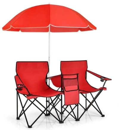 MakkelijkMooi Dubbele Vouwstoel met Parasol - Campingstoel - Verstelbare Parasol - Ingebouwde Koeltas, Tafel en Bekerhouder - Rood