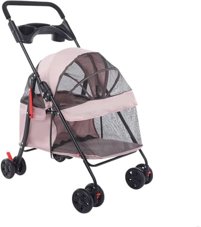 Dierenbuggy – Voor Kleine en Middelgrote Honden en Katten – Opvouwbaar met 4 Wielen en Bekerhouder – Licht Roze/Grijs, Metaal/Kunststof