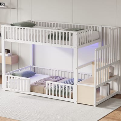 STILVORA Stapelbed 90x200 cm – Laag Model Met Veilige Ladder Met Opbergruimte – Twee Slaapplaatsen – Voor Kinderkamer – Metaal En MDF – Wit | Zonder matras