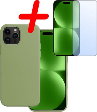 Hoesje Met Screenprotector - Geschikt voor Apple iPhone 15 Pro - Sterk & Shockproof - Back Cover - Siliconen Case - Telefoon Hoes - Groen