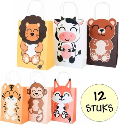 12x Uitdeelzakjes Met Handvat Zoo - 16x8x22cm - Stevig Papier - Traktatie Tasjes - Uitdeeltasjes - Cadeau Zakjes - 6 Verschillende Dieren - Kraftpapier - 12 Stuks