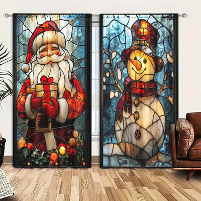 2 stuks Gebrandschilderd Glas Kerstman en Sneeuwpop Bedrukte Gordijn voor Kerst Huisdecoratie - Tunnel voor Stang Raambekleding voor Slaapkamer 52.5cmX116cm X 2pcs gray