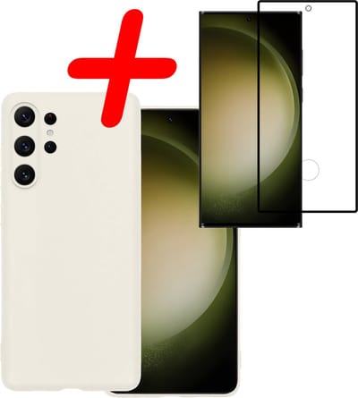 Hoesje Met Screenprotector - Geschikt voor Samsung Galaxy S23 Ultra - Sterk & Shockproof - Back Cover - Siliconen Case - Telefoon Hoes - Wit