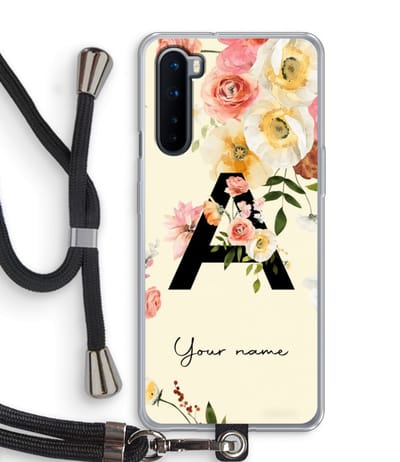 Gepersonaliseerd - Case Company® - Hoesje met koord geschikt voor OnePlus Nord hoesje met Koord - Flirty Flowers Monogram - Telefoonhoesje met Zwart Koord - Bescherming aan alle Kanten en Over de Schermrand