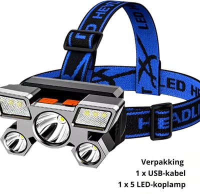 5 LED Oplaadbare Zaklamp – Krachtig Licht voor Camping, Avontuur, Vissen en Hoofdlampgebruik